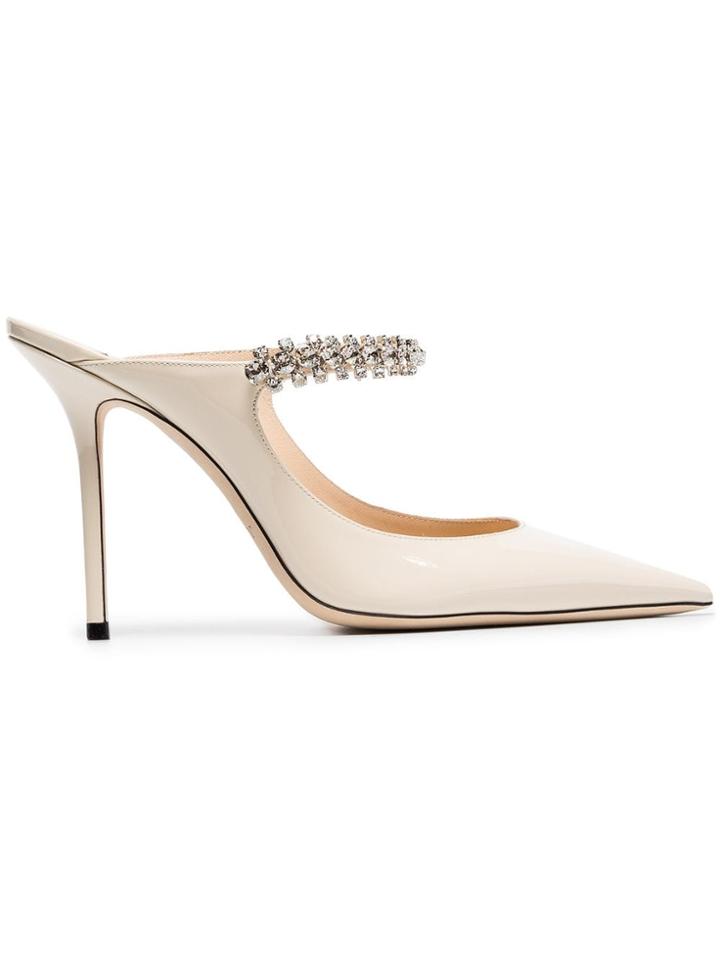 Jimmy Choo Linen White Bing 100 Crystal Anklet Patent Leather Mules -