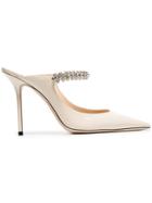 Jimmy Choo Linen White Bing 100 Crystal Anklet Patent Leather Mules -