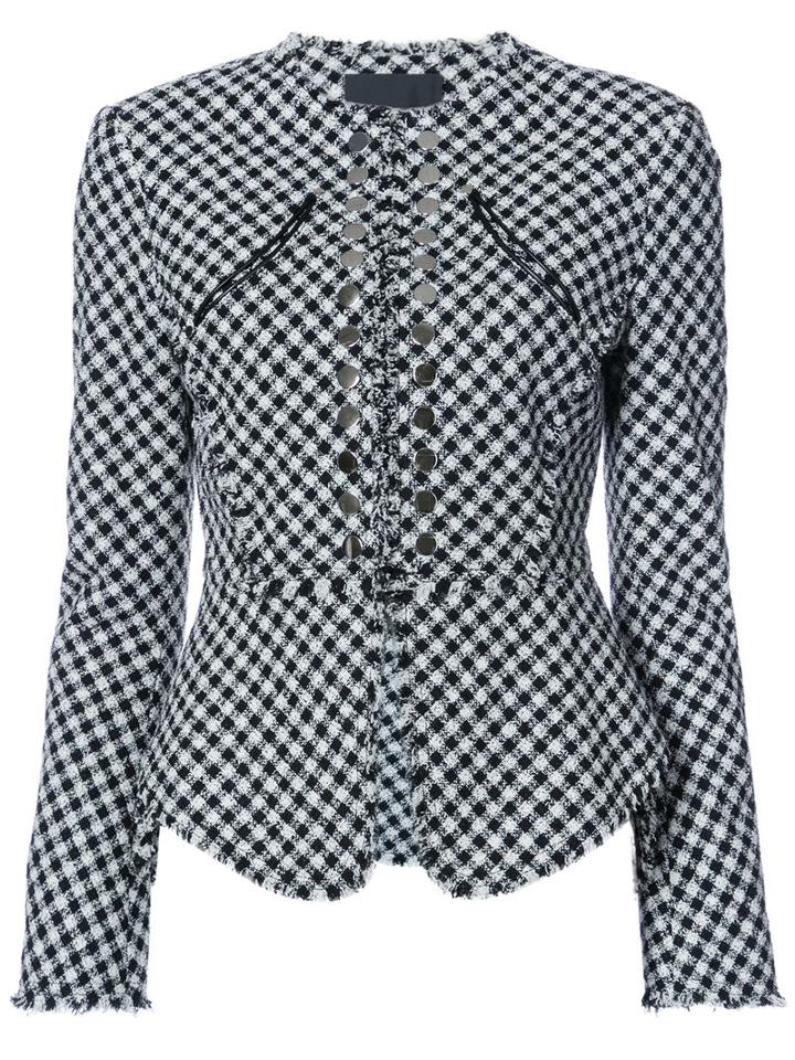 Alexander Wang - Peplum Gingham Blazer - Women - Cotton/lamb Skin/nylon/viscose - 6, Silver, Cotton/lamb Skin/nylon/viscose
