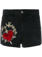 Amen Embroidered Denim Shorts - Black