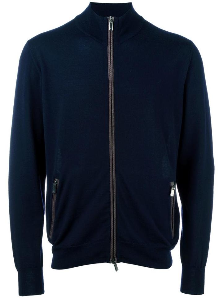 Canali High Neck Zipped Cardigan, Men's, Size: 54, Blue, Wool/leather