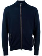 Canali High Neck Zipped Cardigan, Men's, Size: 54, Blue, Wool/leather