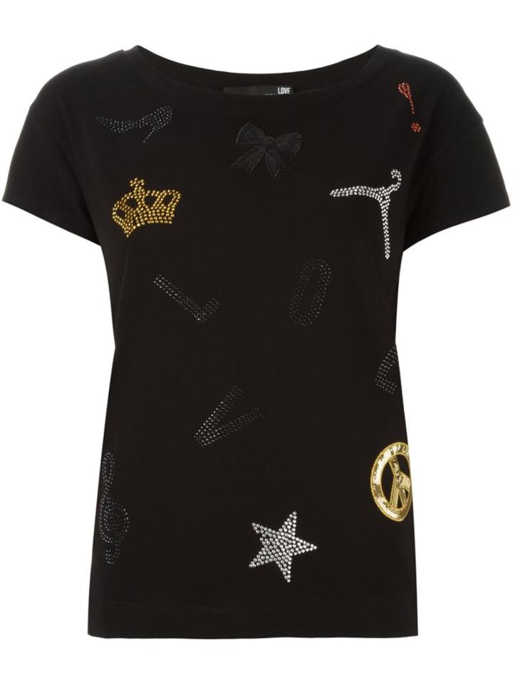 Love Moschino Multi Stamp T-shirt, Women's, Size: 40, Black, Cotton/spandex/elastane/pvc