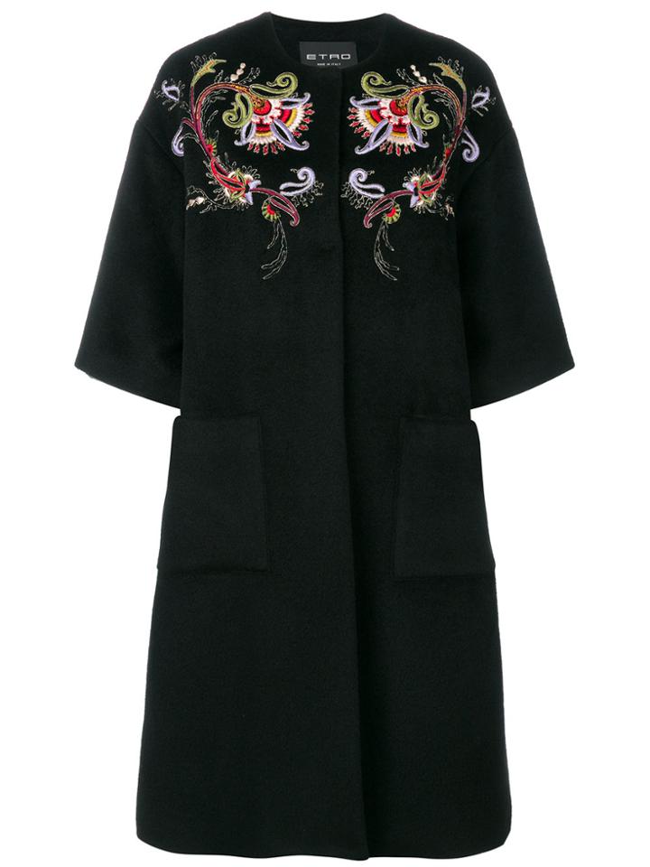 Etro Embroidered Collarless Coat - Black