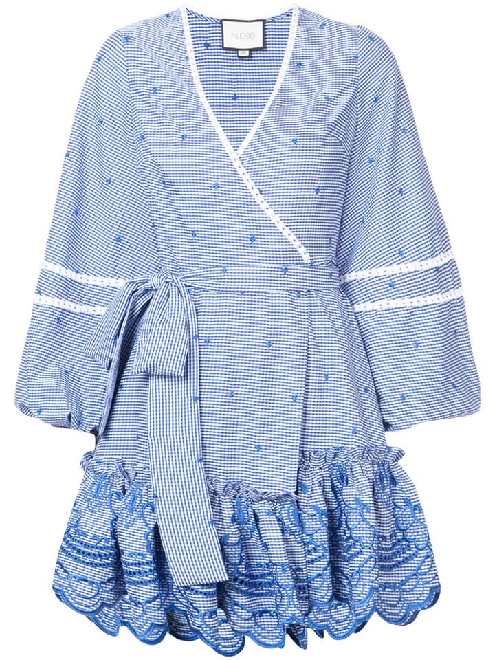 Alexis Gingham Wrap Dress With Embroidered Design - Blue