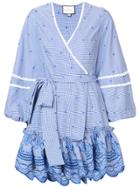 Alexis Gingham Wrap Dress With Embroidered Design - Blue