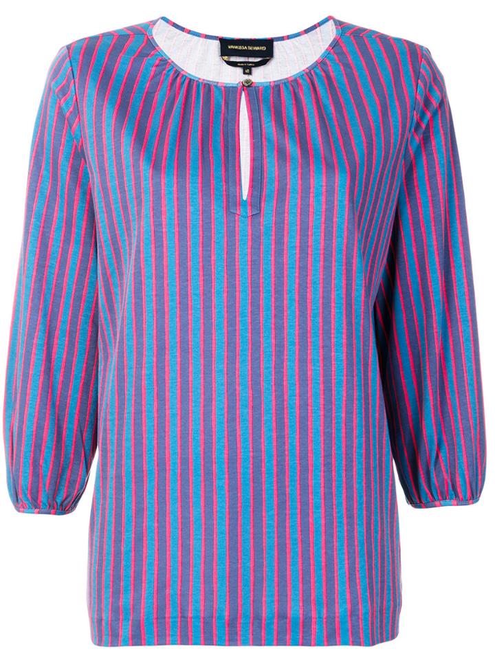 Vanessa Seward Striped 3/4 Sleeve Blouse - Blue