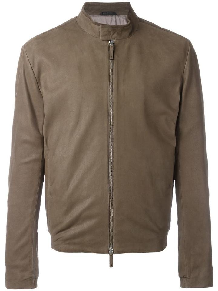 Armani Collezioni Banded Collar Leather Jacket, Men's, Size: 52, Brown, Lamb Skin/acetate/viscose