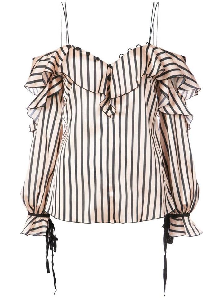 Self-portrait Ruffle Striped Cold Shoulder Blouse - Neutrals