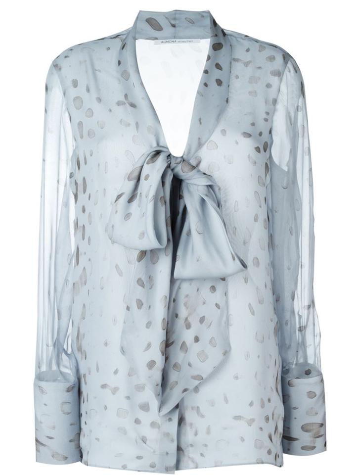 Agnona Sheer Printed Pussy Bow Blouse, Women's, Size: 46, Blue, Silk