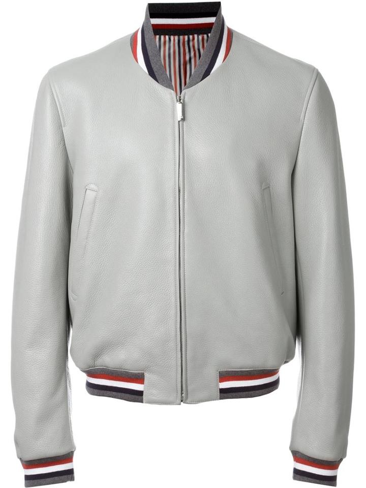Thom Browne Striped Trim Bomber Jacket, Men's, Size: 2, Grey, Cupro/cotton/deer Skin