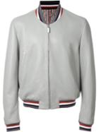 Thom Browne Striped Trim Bomber Jacket, Men's, Size: 2, Grey, Cupro/cotton/deer Skin