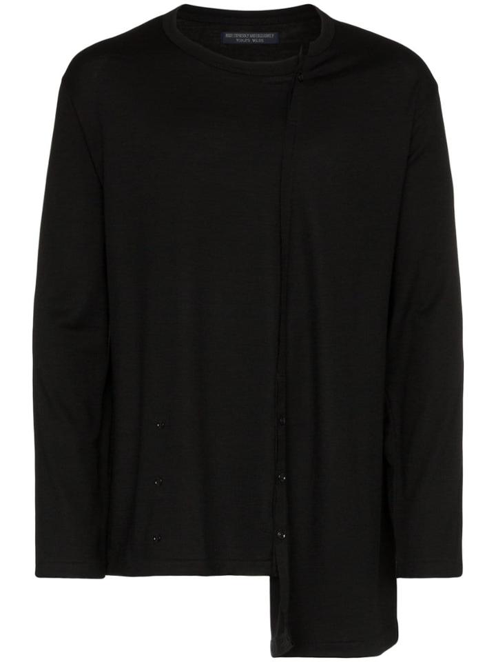 Yohji Yamamoto Diagonal Long Sleeve Cotton Wool-blend Top - Black