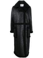 Stand Shearling-trimmed Oversized Coat - Black