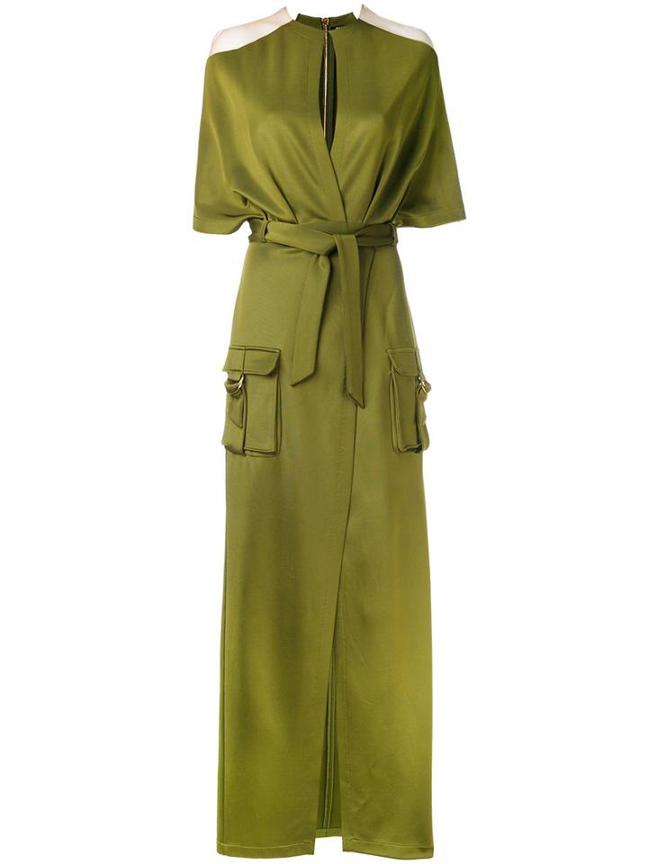 Balmain - Cold Shoulder Maxi Tie-waist Dress - Women - Polyamide/spandex/elastane/viscose - 38, Green, Polyamide/spandex/elastane/viscose
