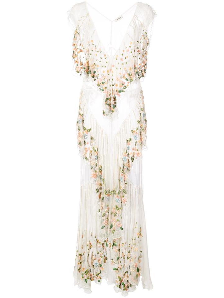 Attico Floral Embroidered Tiered Dress - White