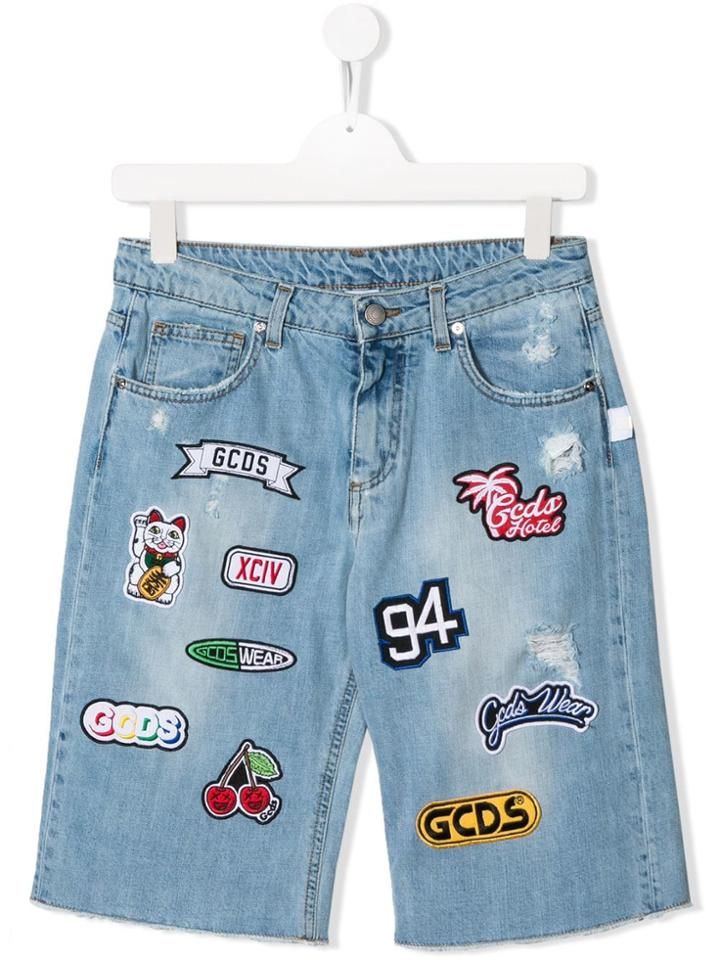 Gcds Kids Teen Patch Appliqué Denim Shorts - Blue