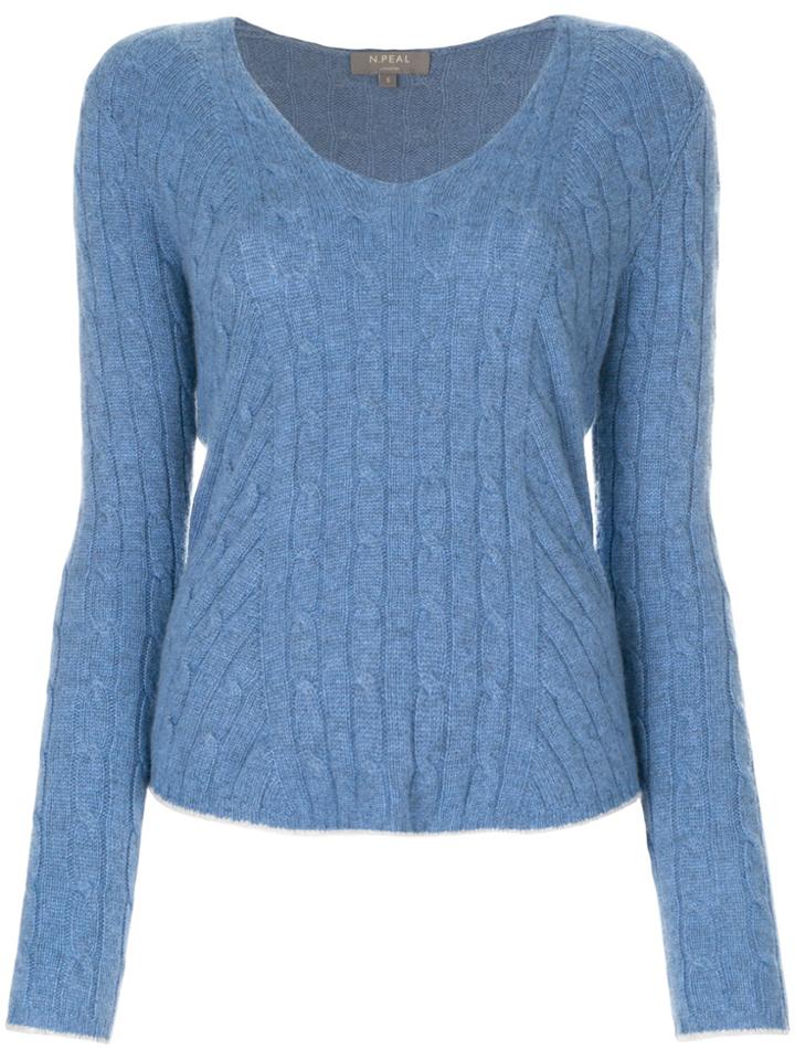 N.peal Diagonal Cable V-neck Jumper - Blue