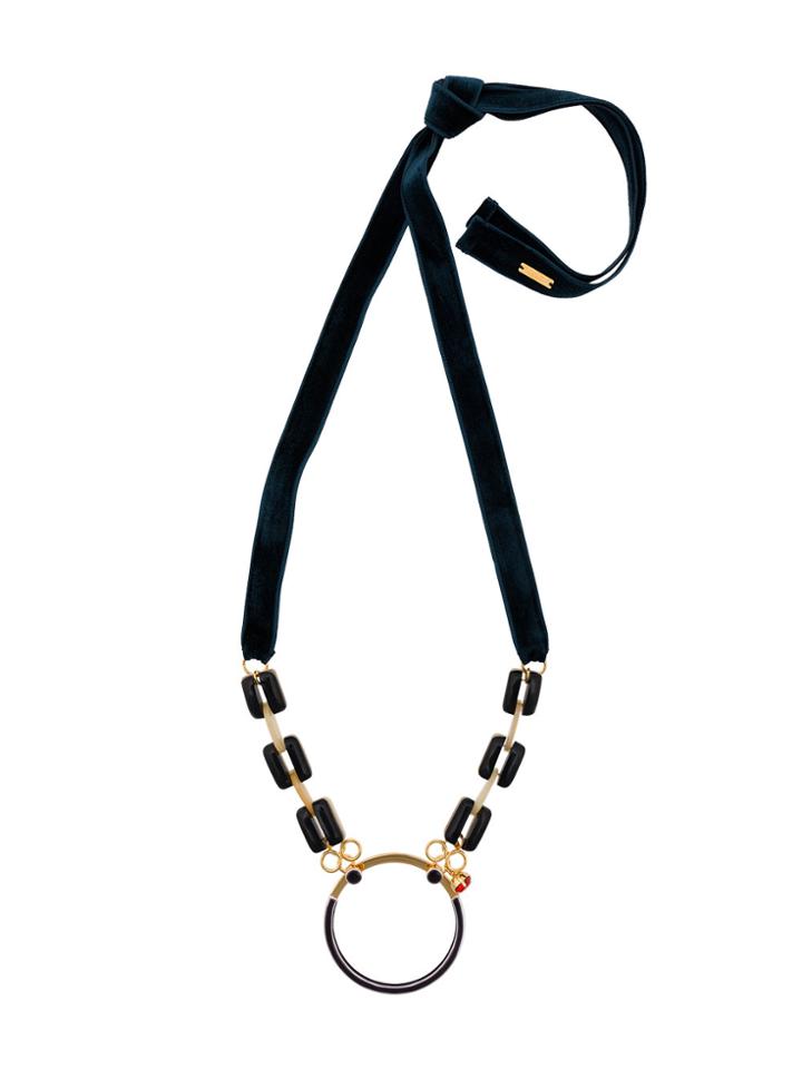 Marni Metal Hoop Necklace With Beaded Ribbon - Black