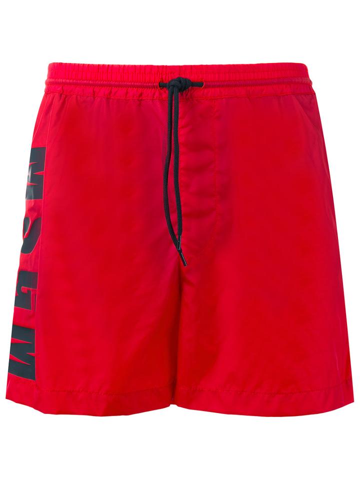Msgm Logo Print Swim Shorts, Men's, Size: 50, Red, Polyamide