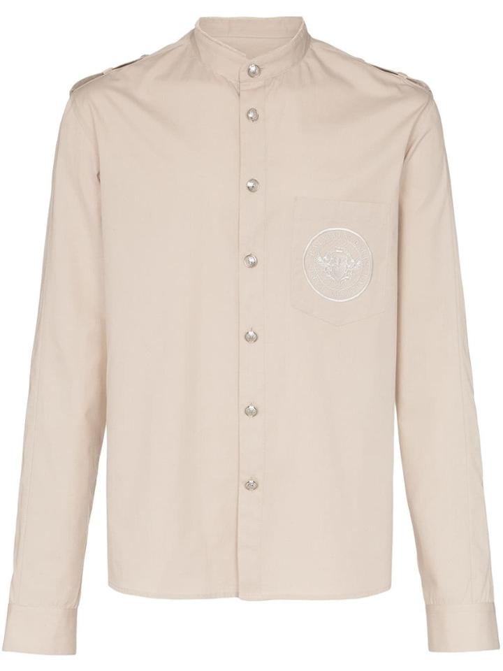 Balmain Military Embroidered Cotton Button-down Shirt - Neutrals