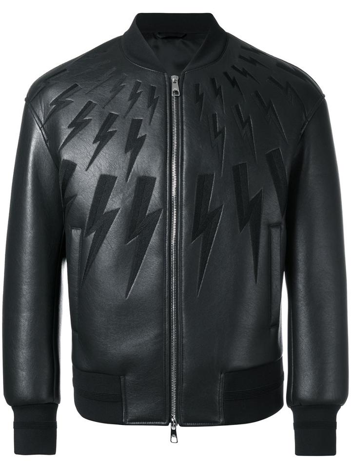 Neil Barrett Lightning Bolt Bomber Jacket, Men's, Size: Small, Black, Polyurethane/viscose/polyester/cotton
