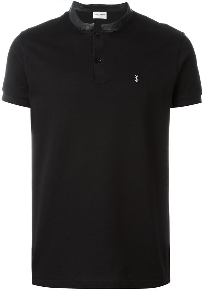 Saint Laurent Leather Collar Polo Shirt, Men's, Size: Small, Black, Cotton/lamb Skin