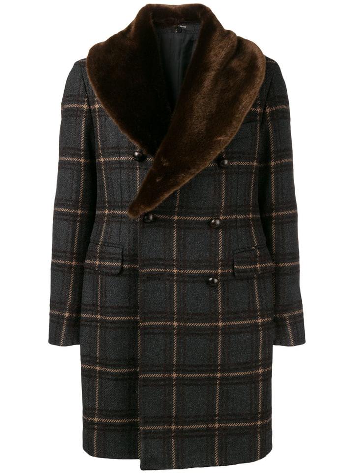 Tagliatore Fur Trim Plaid Coat - Grey