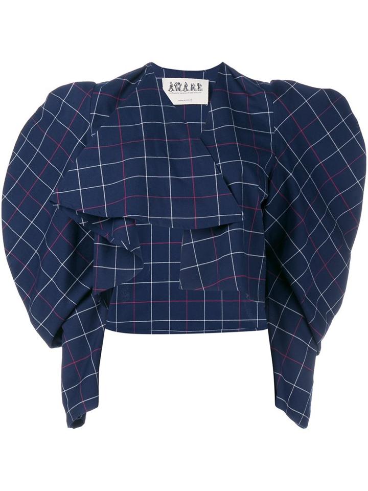 A.w.a.k.e Checked Balloon Sleeve Wrap Top, Women's, Size: Large, Blue, Cotton/polyurethane