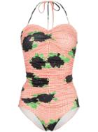 Ganni Check Rose Halter Neck Swimsuit - Yellow
