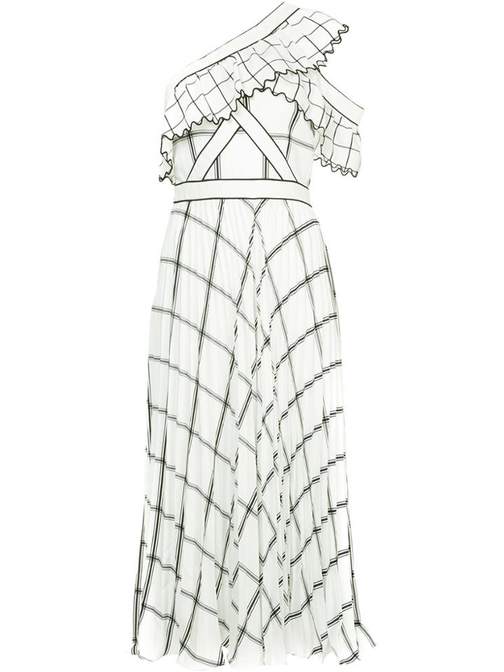 Self-portrait Checked Pleated One Shoulder Dress - White