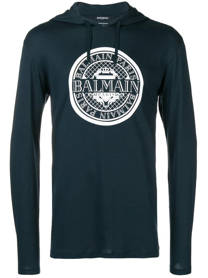 Balmain Logo Print Hoodie - Blue
