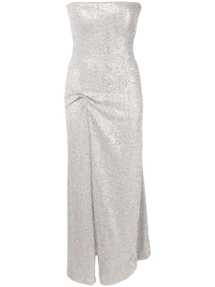 Oscar De La Renta Strapless Gown With Front Slit - Silver