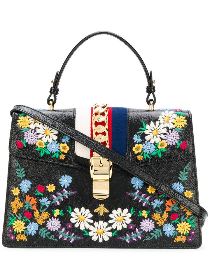 Gucci Embroidered Sylvie Tote Bag - Black
