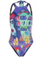 Ellie Rassia Printed High Neck Backless Swimsuit - Multicolour