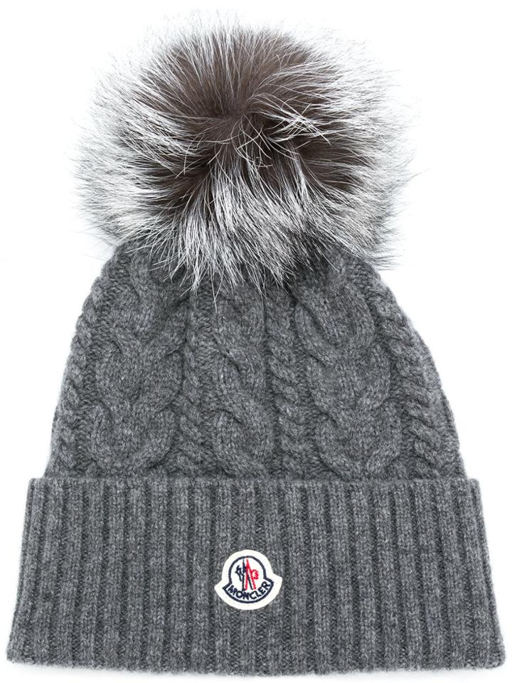 Moncler Pom Pom Cable Knit Beanie - Grey