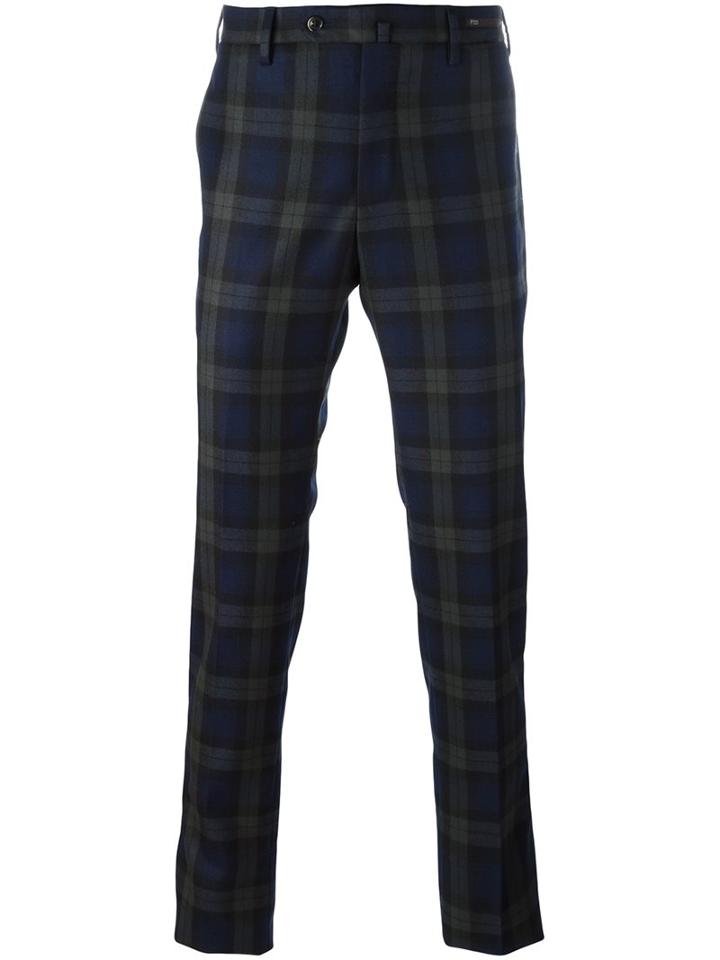 Pt01 Checked Tapered Trousers, Men's, Size: 48, Blue, Spandex/elastane/virgin Wool