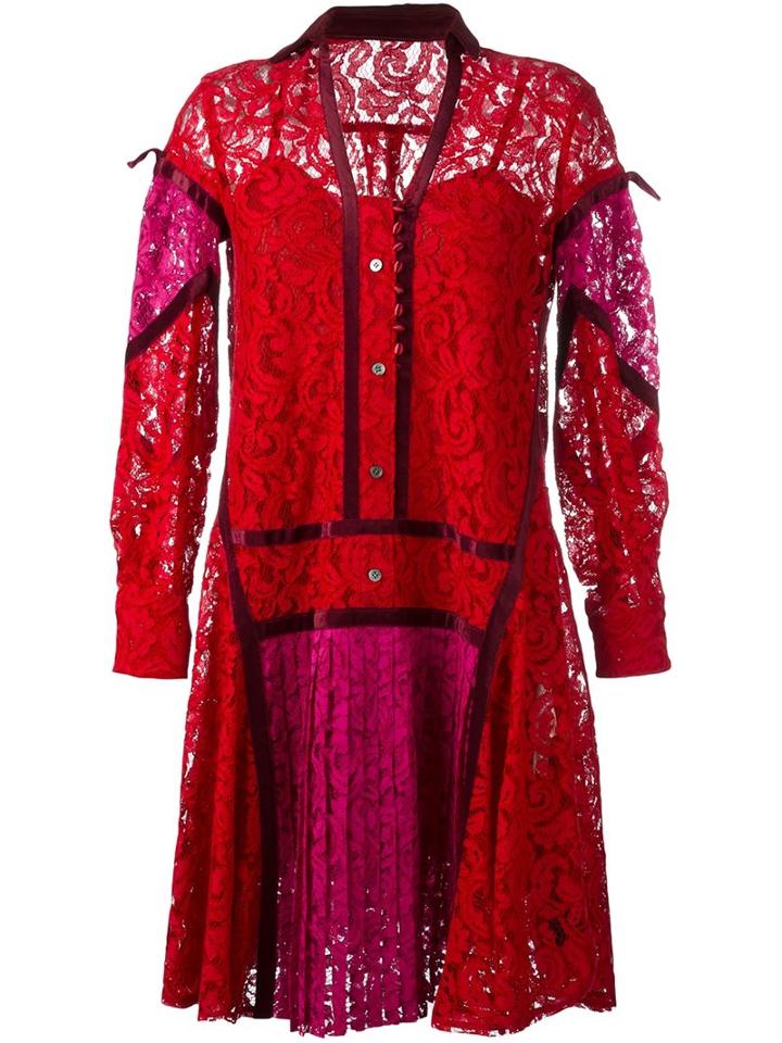 Sacai Floral Lace Shirt Dress, Women's, Size: 2, Red, Cupro/modal/cotton/polyester