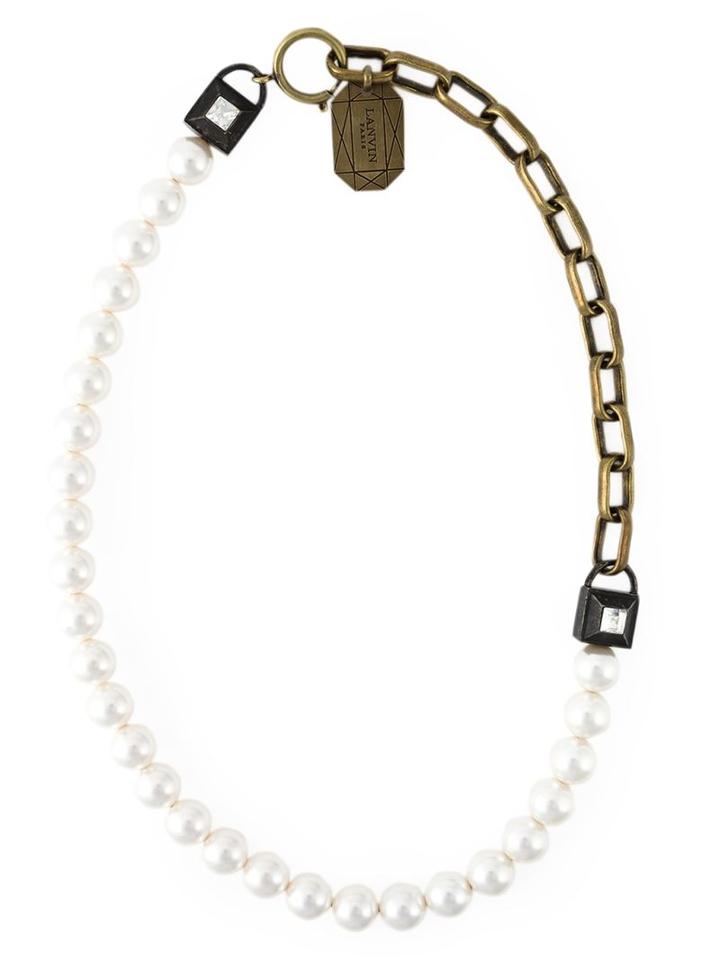 Lanvin Embellished Padlock Faux Pearl Necklace, Women's, White