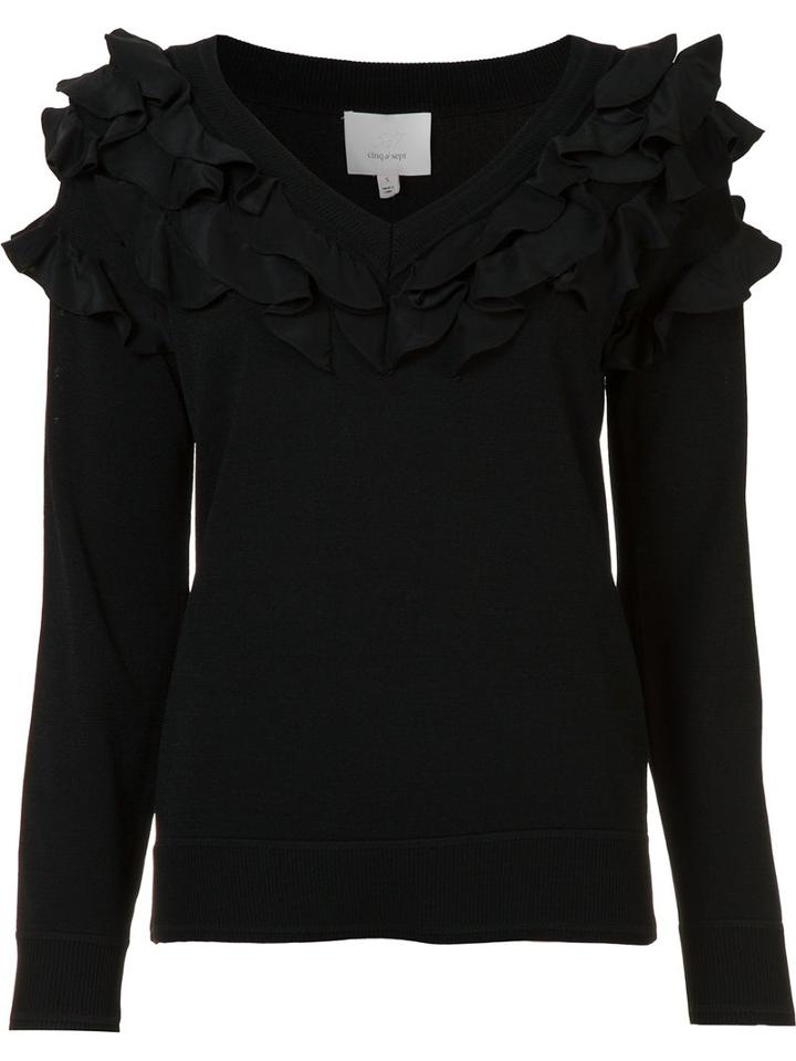 Cinq A Sept Ruffled V-neck Jumper, Women's, Size: Xs, Black, Viscose/nylon