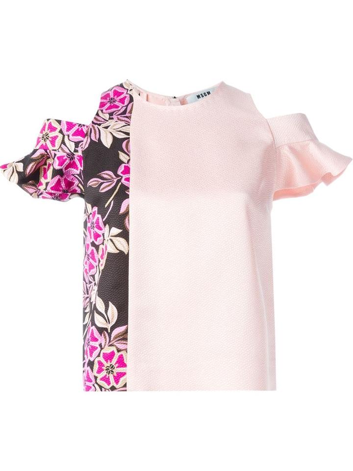 Msgm Floral Panel Cold Shoulder Top, Women's, Size: 42, Pink/purple, Cotton/viscose