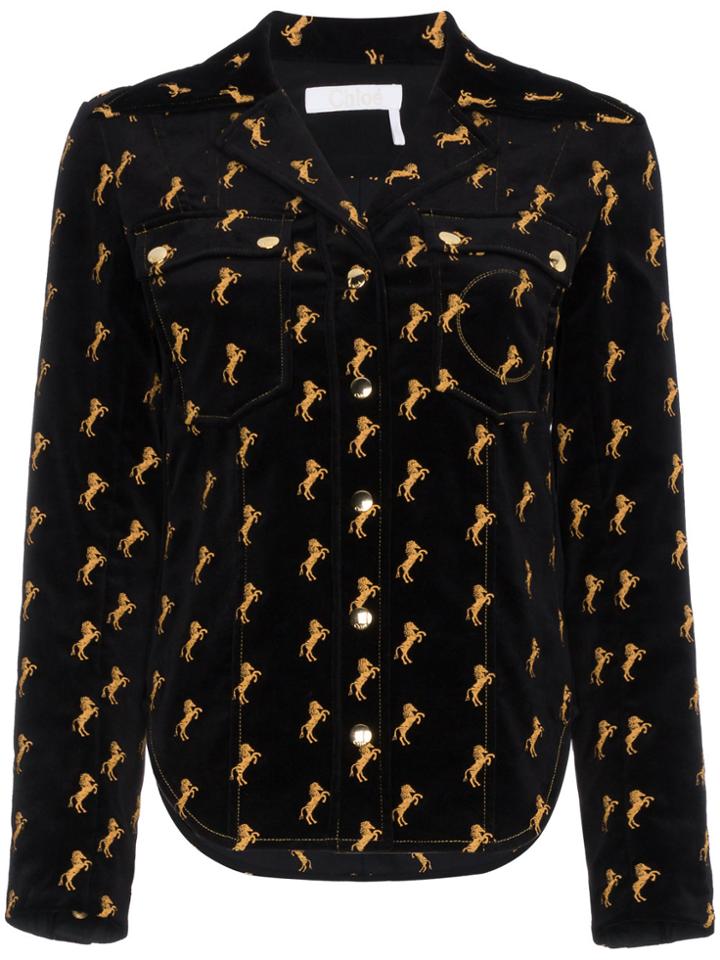 Chloé Horse Embroidered Velvet Shirt - Black