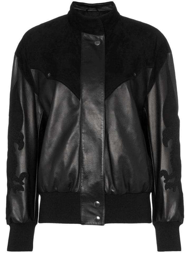 Montana Embroidered Panelled Leather Bomber Jacket - Black