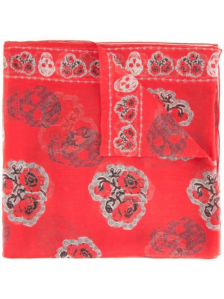 Alexander Mcqueen Poppy And Skull Print Scarf, Women's, Red, Silk