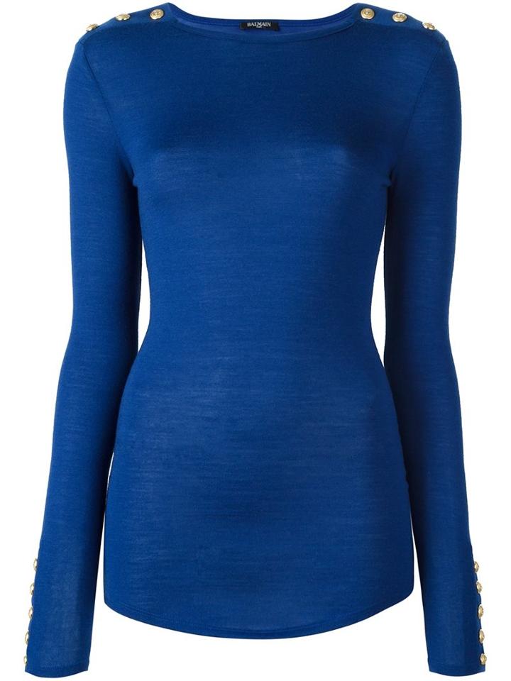 Balmain Epaulette Accent Jumper, Women's, Size: 42, Blue, Cashmere/wool