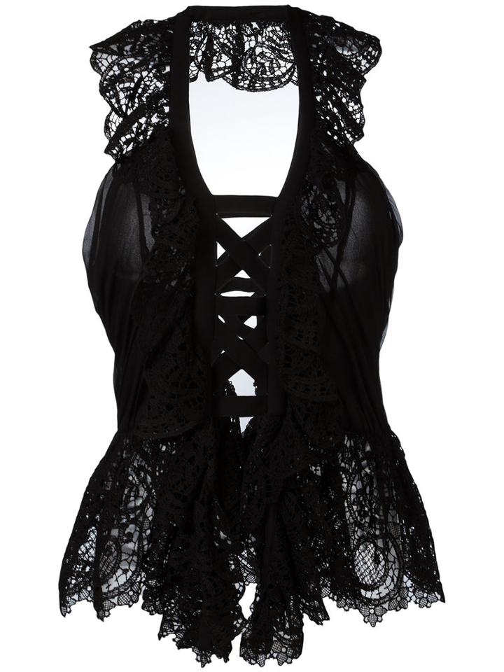Alberta Ferretti Sleeveless Lace Open-front Top, Women's, Size: 40, Black, Silk
