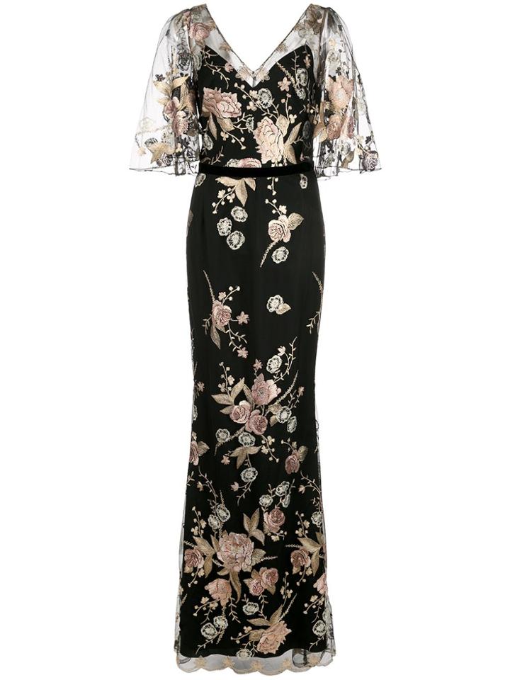 Marchesa Notte Cape Sleeve Floral Embroidered Mermaid Gown - Black