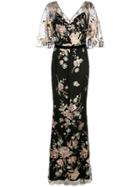 Marchesa Notte Cape Sleeve Floral Embroidered Mermaid Gown - Black