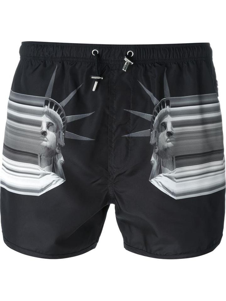 Neil Barrett Statue Of Liberty Swim Shorts, Men's, Size: Xs, Black, Polyester