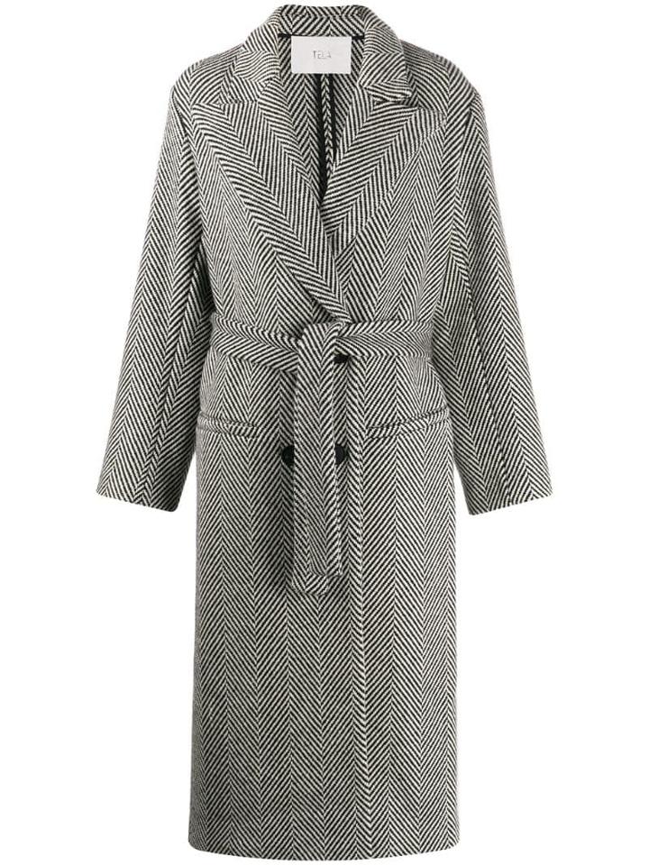 Tela Herringbone Double-breasted Coat - Black
